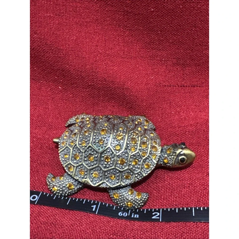 Rhinestone Turtle Trinket Box Enameled Magnetic Closure Tortoise Jeweled Brassy